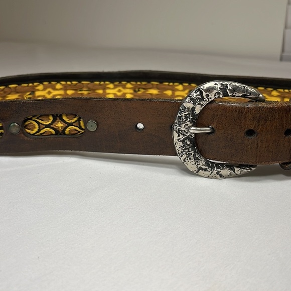 VTG Chunky Leather Studded Jacquard Belt, Wide Unisex Bohemian Tapestry Moto - Picture 7 of 12